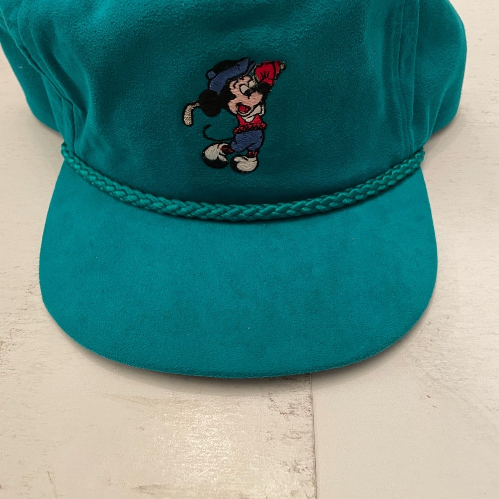 Vintage Mickey Mouse Golf Hat Green Suede Leather Strapback Disney Cap